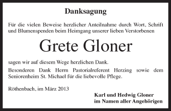 Traueranzeige von Grete Gloner von Pegnitz-Zeitung